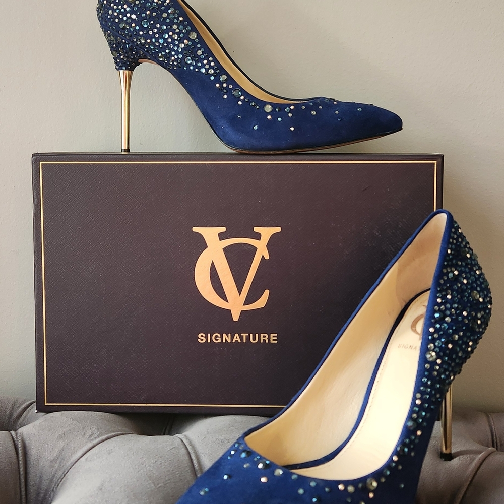 Vince Camuto navy suede crystal stiletto pumps with gold heel